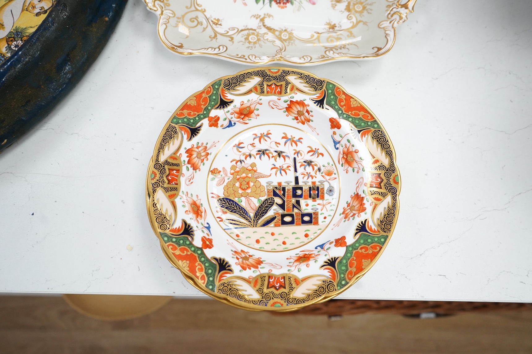 A pair of Spode 967 pattern Imari dishes and pair of Ridgway floral dessert dishes, largest 27cm wide